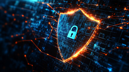 Poster - Data protection is a concept in cybersecurity and privacy technologies. There is a shield in the middle. The small padlock serves as the connection point between the polygons. dark blue background