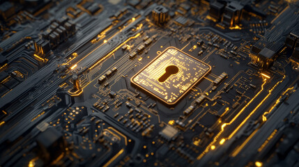 Poster - padlock of cyber security on circuit board, digital data network protection, big data analysis futur