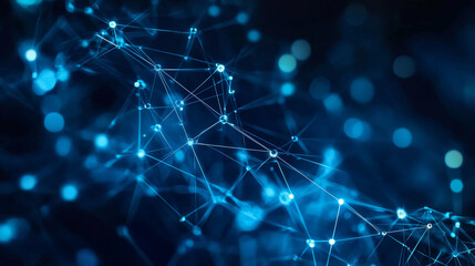 Poster - Abstract concepts of cybersecurity technology and digital data protection. Protect internet network connection with polygons, dots and lines with dark blue background, center focus, side blur.