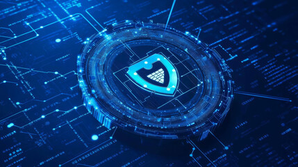 Poster - Abstract concepts of cybersecurity technology and digital data protection. Protect internet network connection with polygons, dots and lines with dark blue background.