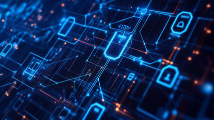Poster - Abstract concepts of cybersecurity technology and digital data protection. Protect internet network connection with polygons, dots and lines with dark blue background. Big data.