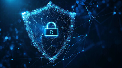 Poster - It's the idea of securing information and maintaining privacy in cyberspace. In the center, there is a shield. The connection point between the polygons is the little padlock. dark blue background.