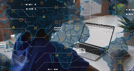 Poster - World map and data processing animation over person using laptop at desk