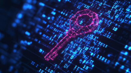 Poster - key code connection concept to protect data in cybersecurity technology. there is a prominent key on