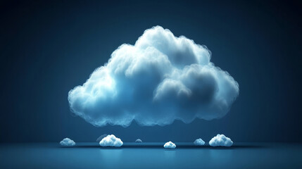 Poster - cloud computing technology concept transfer database to cloud. There is a prominent large cloud icon in the center and a small white icon on the connected polygons with a dark blue background.