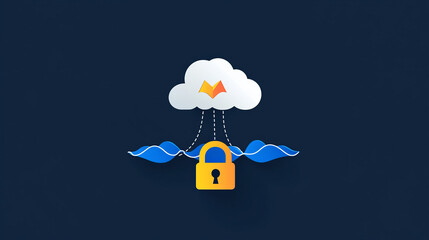 Poster - Cloud computing. The data transfer and storage concept has a cloud in the middle connected to a white polygon inside. dark blue background with a small padlock on the background.
