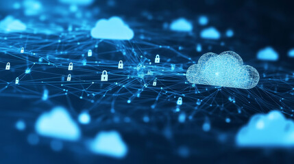 Poster - cloud computing. The data transfer and storage concept consists of a white polygonal interconnected structure within it. Dark blue background with small padlocks scattered on the background.