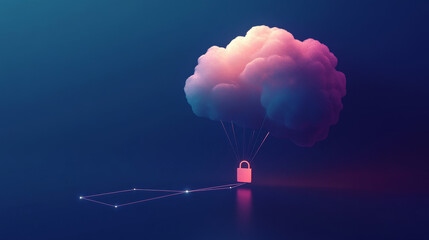 Poster - Cloud computing. The data transfer and storage concept has a cloud in the middle connected to a white polygon inside. dark blue background with a small padlock on the background.