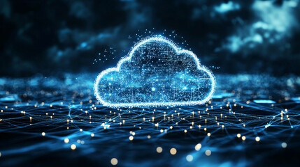 Poster - cloud computing technology concept Upload-download transfer database to cloud. There is a small white cloud icon over the polygon with a dark blue background. Big data.