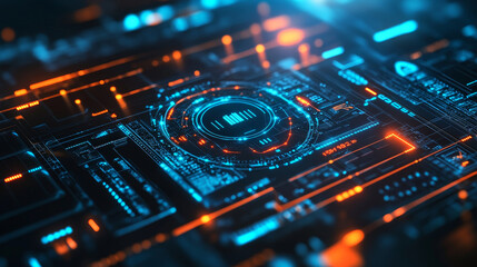 Poster - A modern cybersecurity interface showcasing a digital shield for data protection, with metrics and encryption status indicators for enhanced security monitoring. 3d rendering