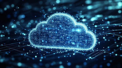 Poster - cloud computing technology concept Upload-download transfer database to cloud. There is a small white cloud icon over the polygon with a dark blue background. Big data.