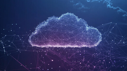 Poster - Cloud and edge computing technology data transfer concept. A large cloud icon is in the center. Abstract motion interconnected polygons lines and dots on a dark blue background.
