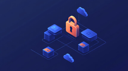Poster - Storage technology concepts transfer data to cloud computing platforms. The cloud icon and padlock stand out in the middle and a small cloud icon between the connected polygons. dark blue background.