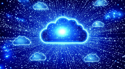 Poster - Storage technology concepts transfer data to cloud computing platforms. A large cloud icon stands out in the glowing center and a small cloud icon between polygons connected to a dark blue background.