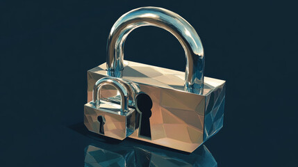 Poster - cybersecurity technology concept data protection and privacy. The large padlock is centered prominently above the polygon and the smaller binary padlock is connected against a dark blue background.