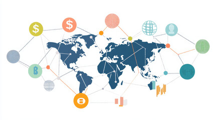 Poster - Technology concept of connecting various foreign currency exchanges via an online internet network. Polygons connected with different currencies on a dark blue background.