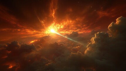 Wall Mural - a stunning view of a fiery sunset illuminating the clouds with vibrant colors.