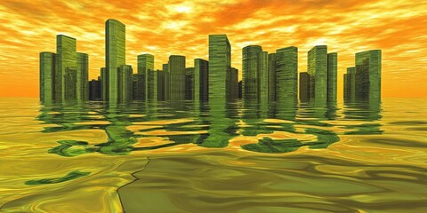 Poster - Green skyscrapers reflecting on reflective liquid water surface