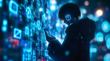 Poster - digital technology concept cyber security data protection internet network connection. Person using smartphone device, user icon surrounded by various icons, binary code polygonal shape on background.