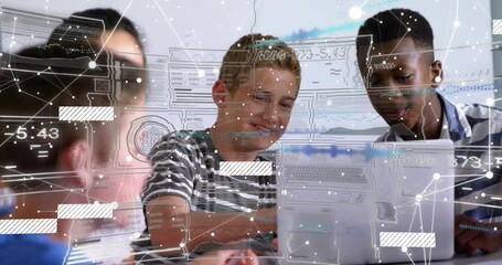 Poster - Diverse students collaborating on laptops with digital network overlay animation