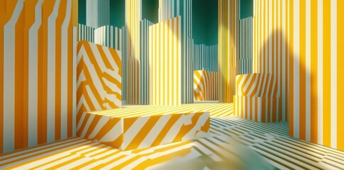 Poster - Abstract geometric room design with striped pillars and platforms