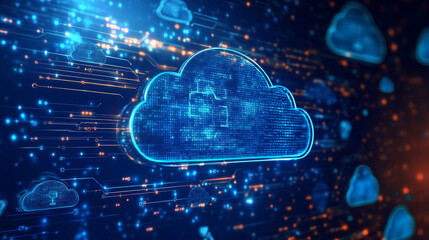 Poster - Cloud and edge computing technology concepts with cybersecurity protection. There is a large cloud icon that stands out in the middle. Binary code polygon and small icons on dark blue background.