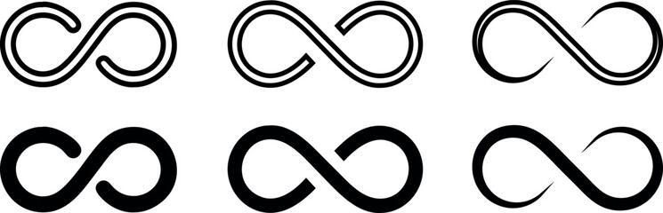 Poster - Set of six infinity symbols with different line shapes and black and white contrast, vector art