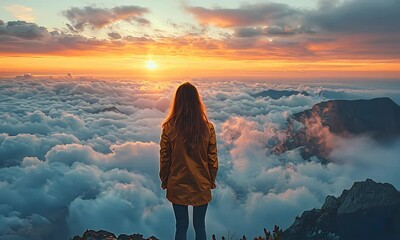 woman on mountain peak at sunset, above clouds