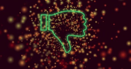 Poster - Glowing neon thumbs down animation over vibrant bokeh light background