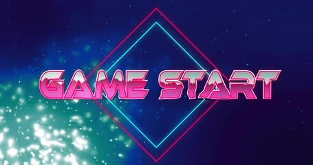 Poster - Glowing animation of Game Start text over vibrant shapes and starry background