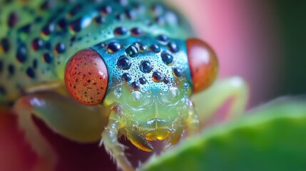A colorful green insect with striking eyes is displayed