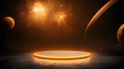 Wall Mural - a floating circular podium, glowing in an outer space setting with planetary rings