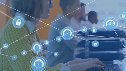 Poster - Network of connections and data processing animation over people working at office