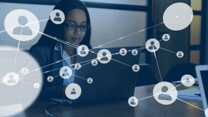 Poster - Network of connections and data processing animation over person using laptop