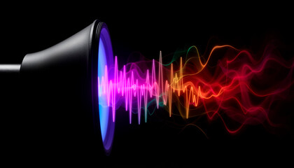 Sound wave visualization with speaker, for audio equipment ads, social media posts about music, illustrations for tech news, app backgrounds