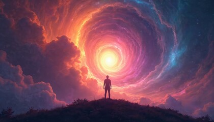 Wall Mural - silhouette of person against vibrant cosmic backdrop. man on hill, watching universe. spirituality m