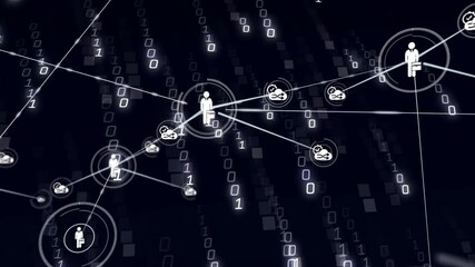 Poster - Animation showing network of connections and binary code with digital human icons