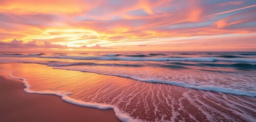 Wall Mural - sunrise paints the sky vibrant hues over tranquil sandy beach, waves gently lapping shore, stunning,