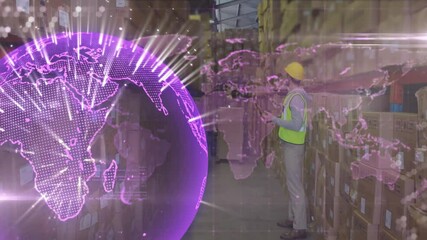 Poster - Warehouse worker using tablet with digital globe and map overlay animation