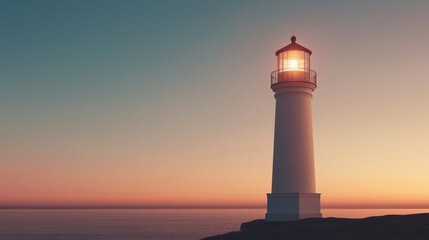 Wall Mural - a tall lighthouse standing on rocky shore during a colorful sunset over the ocean.