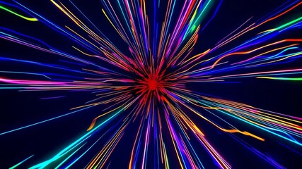 Poster - Vibrant neon light burst with multicolored streaks on dark background. Digital art concept