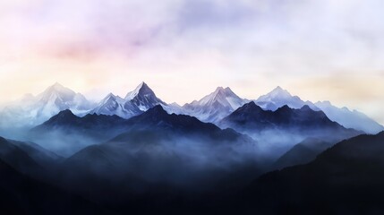 Wall Mural - a stunning view of a mountain range with peaks shrouded in mist during sunset.