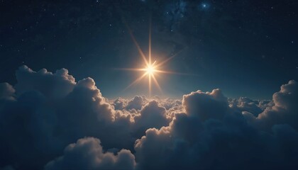 Wall Mural - Bright star shines night sky filled with clouds, stars. Celestial body illuminates dark blue sky. Milky Way galaxy, outer space, astronomy concept. Above fluffy clouds, meteor shower. Beautiful night