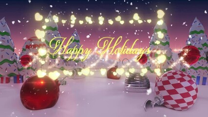 Wall Mural - glowing lights with festive happy holidays text over snowy christmas animation scene