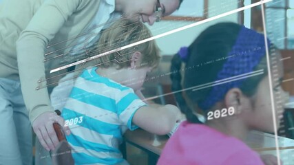Poster - In school, teacher assisting children with timeline animation from 2005 to 2020