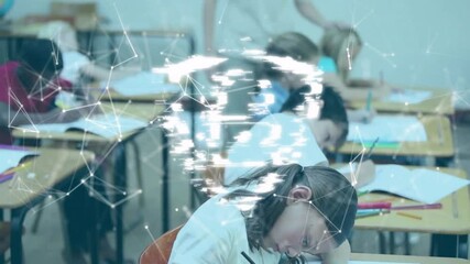 Poster - Students writing in classroom with digital network connections overlay animation