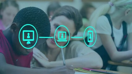 Poster - In school, teacher assisting student with animation of digital network icons