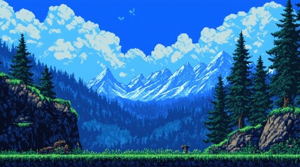 Wall Mural - a scenic view of mountains and pine trees under a bright blue sky with fluffy clouds.