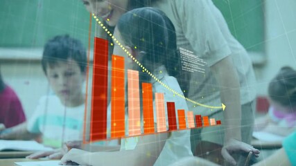 Poster - Bar chart animation over children studying with teacher in classroom