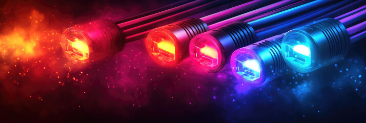 Aufkleber - Optical fiber cable network with glowing connections in a technological environment, symbolizing high-speed data transfer, internet communication, and digital infrastructure systems